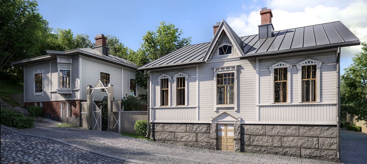 Portsan Artturi Porissa: kunnostetut vaaleanharmaat vuonna 1906 rakennetut puutalot mukulakivikadun varrella.